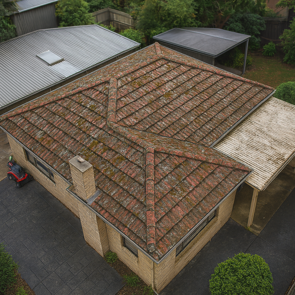 Before — old tiled roof with moss