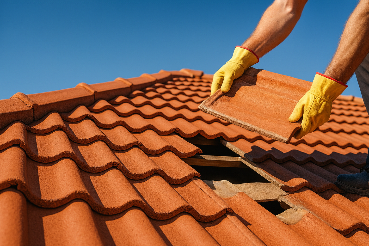 Emergency roof repairs on tiles during storm damage